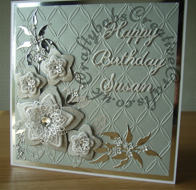 8" x 8" Card made using Tattered Lace chains embossing folder, Tattered Lace Kaleidoscope flower and leaf dies, Marianne leaf spray die, Britannia dies sentiment and Cheery Lynn alphabet dies - craftybabscreativecrafts.co.uk