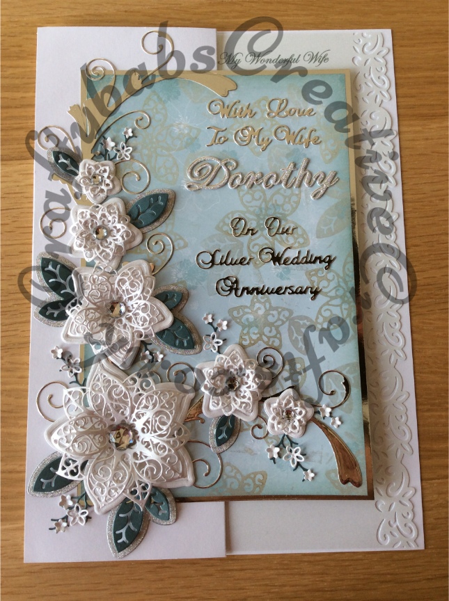A4 Size personalised Silver Wedding Card. Made using Tattered Lace Kaleidoscope flower & leaf dies, Memory Box Gwyneth flourish die, Tattered Lace sentiment and Cheery Lynn Alphabet dies - craftybabscreativecrafts.co.uk