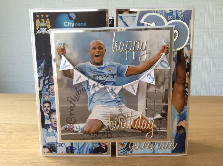 Special 'ONE OFF' 30th Birthday card made for my daughter. I used my husband's Season ticket holders 2015-16 Manchester City's handbook cut up, for the images. I used Sissix Tim Holtz celebrate and friends script sentiment dies and Tattered Lace character sentiments dies, numbers cut with Sizzix originals Shadow box numbers. Banner made using diamond die cuts folded in half over bakers twine, lettering cut with Memory Box alphabet soup upper case alphabet. The base card is a crazy shutter card made using instructions from the Crafters Companion Big Score board dvd - craftybabscreativecrafts.co.uk