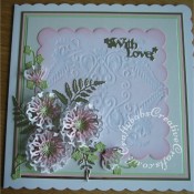 Card made using the Tattered Lace Venetian Fern die, die cut used to deboss background with versamark ink which is then heat embossed with iridescent clear embossing powder and inked with distress ink. Flowers made using the - Tattered Lace interlocking with love ovals die - (see separate board for step by step flowers), foliage made using Tattered Lace lavish blooms fern leaf, and Tattered Lace mini oriental ivy flourish dies. Sentiments from the Tattered Lace With Love interlocking ovals set - craftybabscreativecrafts.co.uk