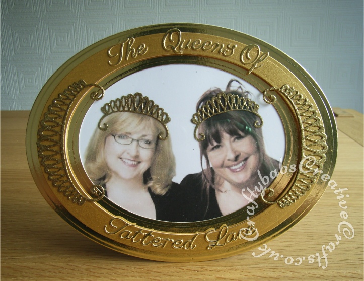 Embellished photograph frame. Frame made using Spellbinders grand nesting plain ovals dies. Frame embellished with die cuts using the Tattered Lace Venetian Swag dies. Sentiments cut with Britannia Alphabet dies - craftybabscreativecrafts.co.uk