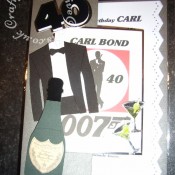 Men's James Bond Birthday Card 40th Sizzix originals shadow box number dies, custom made wooden man's suit and champagne bottle dies, Quickutz 2x2 martini glass & olive die and CAP2 software - craftybabscreativecrafts.co.uk
