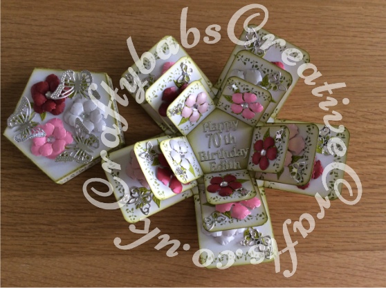 Exploding Box card made using a number of dies including The Tattered Lace Pentagon box die set, sentiments 2014 and mini butterfly dies, Cheery Lynn Lace script alphabet, Butterfly and ivy leaf strip dies, Spellbinders vintage floret dies, Crafters Companion Die sire - Essentials Only Words Dies Numbers. My mind's eye Bloom & Grow clear stamp set - craftybabscreativecrafts.co.uk