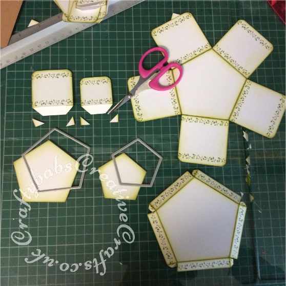 Exploding Box card made using a number of dies including The Tattered Lace Pentagon box die set, sentiments 2014 and mini butterfly dies, Cheery Lynn Lace script alphabet, Butterfly and ivy leaf strip dies, Spellbinders vintage floret dies, Crafters Companion Die sire - Essentials Only Words Dies Numbers. My mind's eye Bloom & Grow clear stamp set - craftybabscreativecrafts.co.uk