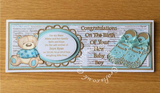 Baby Boy Birth Cardmade using a variety of dies including Tattered Lace baby boy bootee and sentiments 2014 dies, Spellbinders lacy ovals die, Nellie Snellen Multi Frame Dies - Straight Dotted Oval , Kanban bear stamp, AnnaMarie background congratulations stamp - craftybabscreativecrafts.co.uk