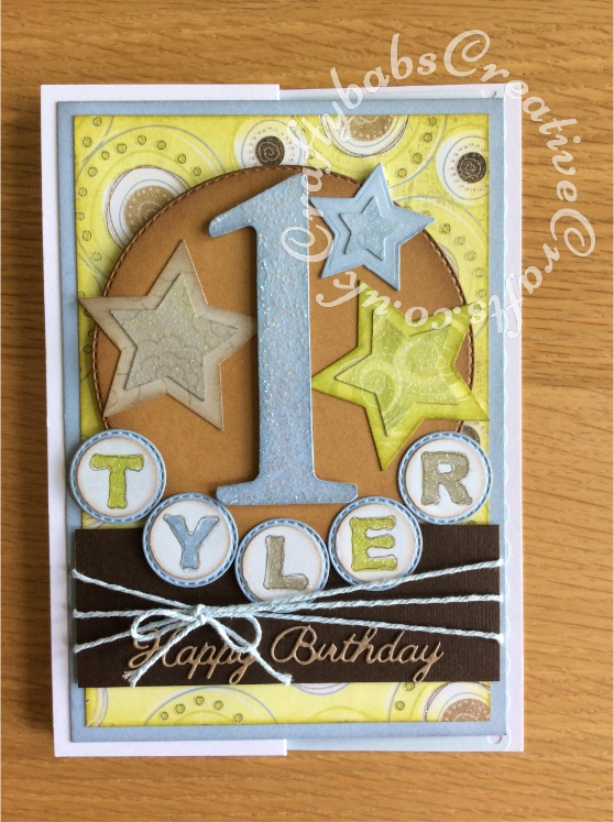 1st Birthday Boy card made using the following dies; Sizzix Bigz Number die, Crealies nesting double stitched circles 33 dies, Spellbinders nesting stars dies, Britannia Sentiment dies and circle punch - craftybabscreativecrafts.co.uk