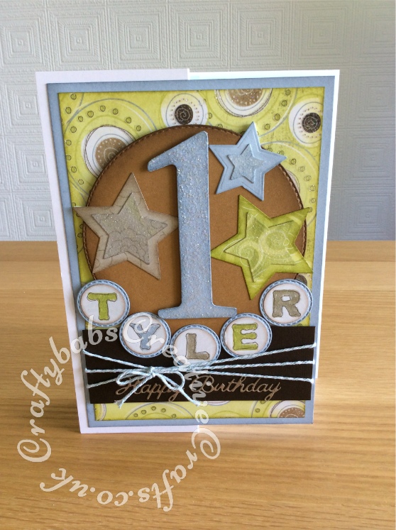 1st Birthday Boy card made using the following dies; Sizzix Bigz Number die, Crealies nesting double stitched circles 33 dies, Spellbinders nesting stars dies, Britannia Sentiment dies and circle punch - craftybabscreativecrafts.co.uk