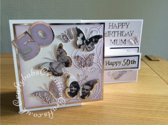 Double Z fold 50th birthday card using various dies including; Memory box Leavenworth and cascadia butterflies, Tatteref Lace sentiment dies, Sizzix originals Shadow box number dies and Darice butterflies embossing folder - craftybabscreativecrafts.co.uk