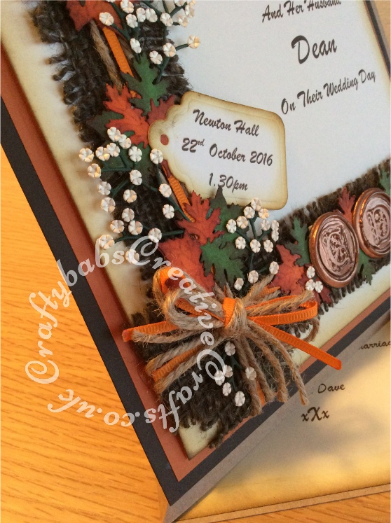 Twisted Easel Wedding card made to match the invitation and theme of the wedding. Made using a variety of dies and punches including Woodware leaf punches (oak and maple leaves), Cheery Lynn Baby's breath dies, Nesting circle dies, Sizzix originals scalloped tags die. Wax seals made using grey board circles die cut them triple embossed with UTEE and then stamped while still hot - craftybabscreativecrafts.co.uk