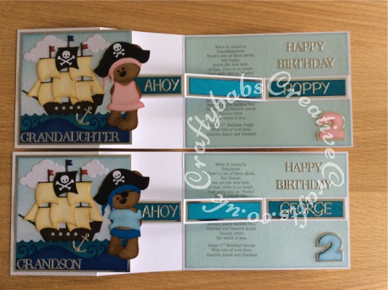 Pirate double Z fold birthday cards made for twins having a pirate themed birthday party. Made using a variety of dies including Custom made wooden Tattoo bear die, Go Kreate Boo Bear Pirate outfit, summertime outfit and dress dies, Xcut build a scene nautical dies, Tattered Lace sentiment dies, Apple Blossom capitals alphabet die and Sizzix originals shadow box numbers dies - craftybabscreativecrafts.co.uk