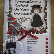 A4 Graduation Card made using The Clipart Fairy CD Rom and the following dies/punches; Memory Box Prim Poppy die, Cheery Lynn pair of ferns die and Woodware crafty edger ribbon border and corner punches. - craftybabscreativecrafts.co.uk