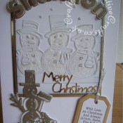 Cute Sparkly embossed snowmen Christmas Card made using Sizzix sizzlits Fruit Smoothie alphabet dies, Quickutz cookie cutters nesting tags dies, Joy Crafts snowman die, Marianne Merry Christmas sentiment dies and Crafts-Too Snowman embossing folder - craftybabscreativecrafts.co.uk