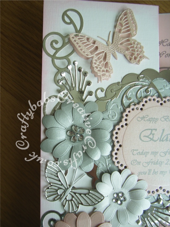 A4 Floral Butterfly birthday card made using Quickutz cookie cutter curly flourish border die, Quickutz lifestyle scalloped circle dies, Nellies's nested Threaded Scallop Circle Layering Dies, Sizzix originals hearts die, Xcut Petal posies dies, Cheery Lynn exotic butterfly die and Memory Box Kaleidoscope and Moonlight butterfly dies, Marianne frame and swirls set flourish dies and anja's leaves die, - craftybabscreativecrafts.co.uk