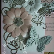 A4 Floral Butterfly birthday card made using Quickutz cookie cutter curly flourish border die, Quickutz lifestyle scalloped circle dies, Nellies's nested Threaded Scallop Circle Layering Dies, Sizzix originals hearts die, Xcut Petal posies dies, Cheery Lynn exotic butterfly die and Memory Box Kaleidoscope and Moonlight butterfly dies, Marianne frame and swirls set flourish dies and anja's leaves die, - craftybabscreativecrafts.co.uk