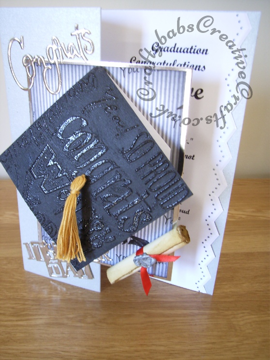 Pop up Graduation card made using Clipart Fairy CDRom for backing paper, Cuttlebug a2 cut and emboss everyday sentiments and birthday wishes sets for sentiments, congrats embossing folder, heat embossed with clear embossing powder. Martha Stewart edge punch zig zag used for insert. - craftybabscreativecrafts.co.uk