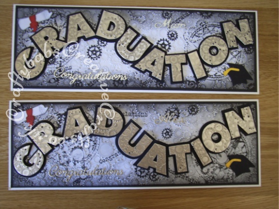 Graduation cards made using Xcut tri-boss embossing folder cogs & gears, Cogs & globe stamps from a free gift set with issue 37 of Creativity magazine, Custom made graduation teddy die for mortar board and scroll, Sizzix Originals Shadow Box alphabet dies and Britannia dies alphabet. - craftybabscreativecrafts.co.uk