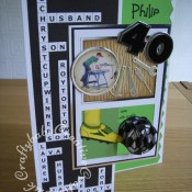 A4 Men's DIY, Crossword & Football themed 40th Birthday card made using Jennigami CD rom, Crafter's companion wood grain embossing folder, Nesting circles dies, My Favourite things tool charm die-namics dies, Sizzix Originals Shadow Box numbers dies - craftybabscreativecrafts.co.uk