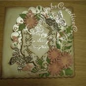 Vintage Style Floral large Easel card made using a variety of dies including Marianne Dies Anja's Large Ovals dies, Spellbinders Les Papillons dies, Kreaxions sunflower dies, Spellbinders shapeabilities Foliage dies, Memory Box Catalina border die and Spellbinders Grand Nestabilities scalloped ovals dies. - craftybabscreativecrafts.co.uk