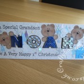 Name Text and Teddies Christmas card made using Sizzix Originals Shadow Box alphabet dies, Custom made wooden bear head & paws die, Cuttlebug 2x2 snowflakes die and Cuttlebug 2x2 winter snowman Christmas holiday die set - craftybabscreativecrafts.co.uk