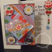 A4 Quirky Pop-Up Front Leaving card themed to the recipient made using Quickutz Cookie cutter flower die, Quickutz nesting circles dies, Sizzix Originals cherry die and Shadow Box Alphabet (for shrink plastic letters) which have been linked together with jump rings and made into a dangling charm. - craftybabscreativecrafts.co.uk