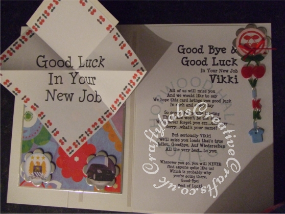 A4 Quirky Pop-Up Front Leaving card themed to the recipient made using Quickutz Cookie cutter flower die, Quickutz nesting circles dies, Sizzix Originals cherry die and Shadow Box Alphabet (for shrink plastic letters) which have been linked together with jump rings and made into a dangling charm. - craftybabscreativecrafts.co.uk