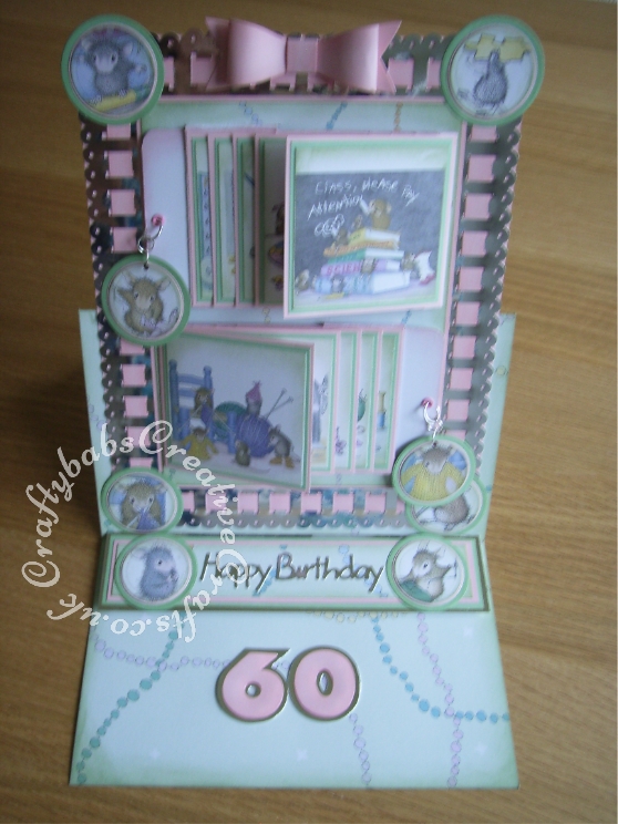 A4 Double Waterfall Easel House-Mouse card made using Joanna Sheen House-Mouse CD Roms and various dies including; Sizzix Originals Shadow Box Numbers dies, Quickutz nesting circles dies, Die-namics MFT Dainty Bows die, Marianne Creatables LR0223 happy birthday dies and Woodware Crafty Edger ribbon thread punch. - craftybabscreativecrafts.co.uk
