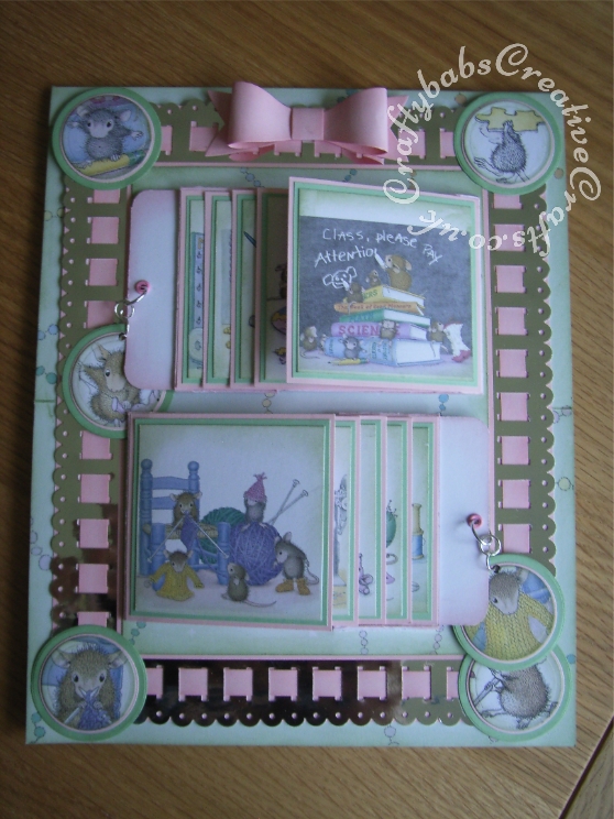 A4 Double Waterfall Easel House-Mouse card made using Joanna Sheen House-Mouse CD Roms and various dies including; Sizzix Originals Shadow Box Numbers dies, Quickutz nesting circles dies, Die-namics MFT Dainty Bows die, Marianne Creatables LR0223 happy birthday dies and Woodware Crafty Edger ribbon thread punch. - craftybabscreativecrafts.co.uk