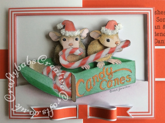 Double Z Fold Housemouse Candy Canes Decoupaged Christmas Card made using Joanna Sheen Housemouse CD Rom. Bow made using Memory box Gross Grain Ribbons dies and Britannia sentiment dies. Decoupage assembled with foam pads and highlighted with white glitter and Glossy accents - craftybabscreativecrafts.co.uk