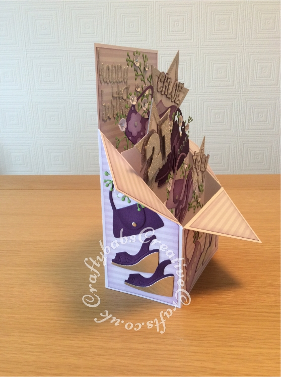 Large Pop Up Shoes & Bags themed 21st Birthday card made from 8"x8" card blank. Numerous dies used including; Sizzix Framelits Stars/ Primitive Die Set, Sizzix sizzlits 'Girls Are Weird' alphabet dies, Sizzix originals Shadow Box numbers, Sizzix sizzlits small purses and shoes set and shoes set, Ellison window cuts handbag, Cheery Lynn Baby's breath flower set, MCS sprig dies (from The Works) and Sentiment die cut using 660223 Sizzix Thinlits Die Set 13PK - Celebration Words Script by Tim Holtz - craftybabscreativecrafts.co.uk
