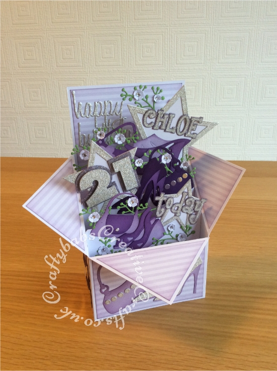 Large Pop Up Shoes & Bags themed 21st Birthday card made from 8"x8" card blank. Numerous dies used including; Sizzix Framelits Stars/ Primitive Die Set, Sizzix sizzlits 'Girls Are Weird' alphabet dies, Sizzix originals Shadow Box numbers, Sizzix sizzlits small purses and shoes set and shoes set, Ellison window cuts handbag, Cheery Lynn Baby's breath flower set, MCS sprig dies (from The Works) and Sentiment die cut using 660223 Sizzix Thinlits Die Set 13PK - Celebration Words Script by Tim Holtz - craftybabscreativecrafts.co.uk
