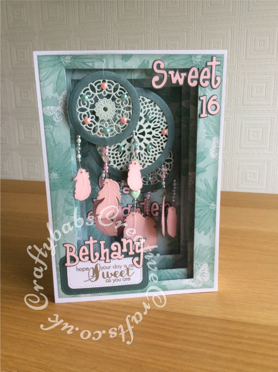 Dream Catcher Panorama Card made using a variety of dies including; Todo collection feather dies, Spellbinders Shapeabilities Dies-Feathers, Sizzix Sizzlits Alphabet 654546 Girls are weird dies, Nesting Circles dies, Nellie Snellen Multi Frame Dies - Straight Dotted Rectangle dies, Tattered Lace Doily Flourish die, Hardwick Scallop Circle (D358) die, Tattered Lace Panorama Large Inner Plates (PAN02) and Tattered Lace Panorama Large Concertina Side (PAN03) - craftybabscreativecrafts.co.uk