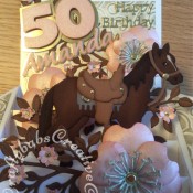 Large Pop up Box Horse themed 50th Birthay card made using various dies including; Quickutz Wildflower die set for large flowers with Cheery Lynn Designs - DIE - Build-a-Flower Embellishments # 3 die for flower stamens, Sue Wilson Finishing Touches Dies - Spring Foilage for branches and small flowers, Quickutz exclusive Remi the Horse revolution die for the horse and saddle, Sizzix Sizzlits Alphabet Script dies for name, Sizzix originals Shadow box numbers dies, Tattered Lace Sentiments 2014 (D211) dies and Britannia dies Daughter sentiment die. Sizzix Sizzlits, Dies Wester Set 38-9847 for horse shoes and Couture Creations Intrinsic Embossing Folder - craftybabscreativecrafts.co.uk