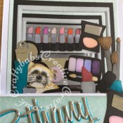 Large Pop Up Make up themed 16th Bithday Card made using a variety of dies including; Sizzix Thinlits Die Set - 662228 Script Alphanumeric Alphabet by Tim Holtz, Sizzix Thinlits Celebration Words: Script set 660223, Quickutz Cookie cutters SGS-09-FLIRT set. Quickutz 2X2" metal dies - Make Up - KS-0405, Sizzix Sizzlits Die Set - Glam Girl Set-655314, Ellison thin cut eye make up die,Nesting rectangle dies, Sizzix Originals Shadow Box number dies, Quickutz Dog die [KS-0539]. and Sizzix-Bottles glass and Corks-Die-38-1059 - craftybabscreativecrafts.co.uk