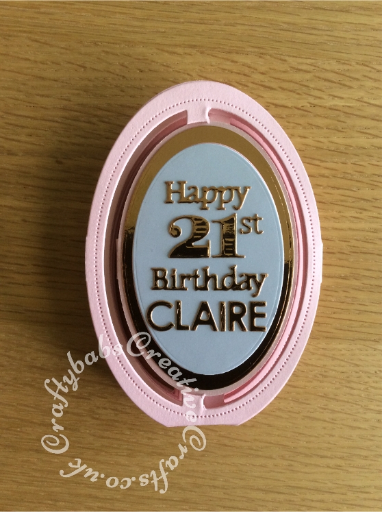 21st Birthday Boxed Accordion Card made using a variety of dies including; Tattered Lace Oval Accordion (ETL242) dies and tattered Lace Essentials nesting ovals dies, Sue Wilson Expressions Ransom Note Birthday CED5432 die, Quickutz Cookie Cutter 'Mary Jane' Alphabet dies, Tattered Lace Sentiments 2014 dies and A date to remember dies, Memory Box Alphabet soup upper case dies and Spellbinders etched alphabet die set for numbers. Sentiments stamped and heat embossed.- craftybabscreativecrafts.co.uk