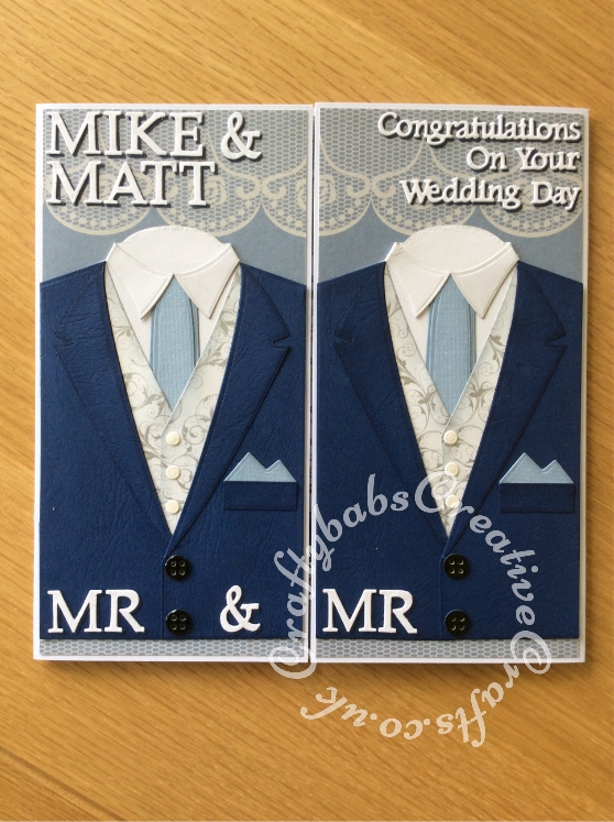 Mr & Mr Gay Wedding Card made using various dies including; Tattered lace sentiments 2014 dies, Spellbinders Sapphire Die Numbers And Letters One, Xcut A5 Suit Card Die Set and Tattered lace Notched Rectangles (ETL310) dies.- craftybabscreativecrafts.co.uk
