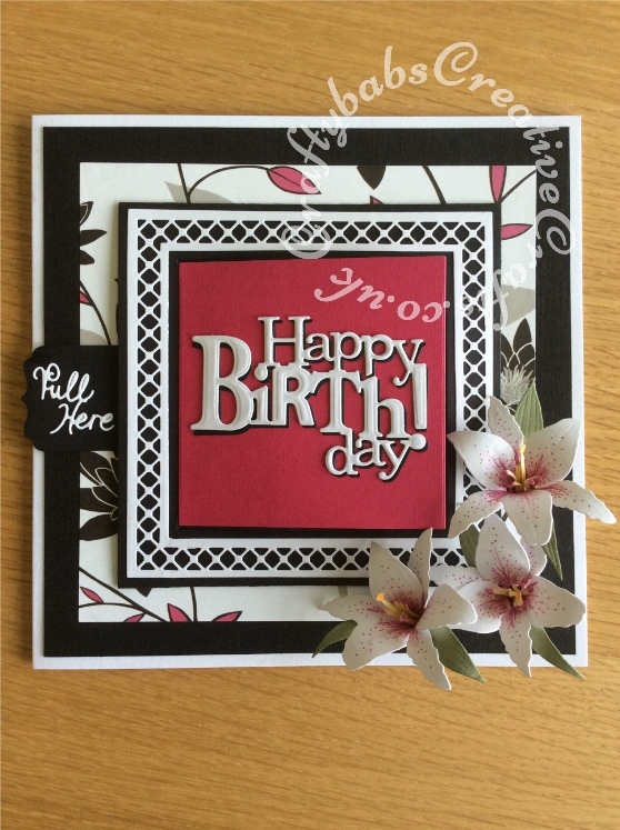 8" x 8" T Bar Slider Birthday Card made using various dies including; Sue Wilson Expressions Ransom Note Birthday die, Tattered Lace T Bar Slider (ETL407) die set, Spellbinders Shapeabilities Cutting Die D-Lites Create A Stargazer Lily die set and sentiments from various Tattered Lace 3 Die-mensions sets - craftybabscreativecrafts.co.uk