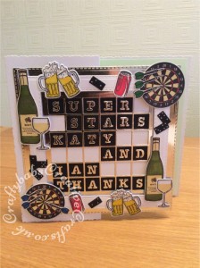 8" x 8" Couples' Thank You card made using a variety of stamps and dies including; lager glasses, wine glasses & bottles & coke can dies and stamps free with issue 161 of Simply Cards & Papercraft, Dominoes from Go Kreate Night at the pub die, Darts and snooker stamps from Creative Stamping issue 56, Frames cut using Creative Expression Stitched Square Peg Board Shadow Box Collection by Sue Wilson , grid and lettering cut using Creative Expressions alphabet grid by Sue Wilson. - craftybabscreativecrafts.co.uk