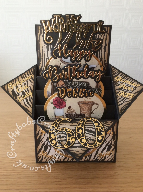 Large Pop Up Box 60th Birthday card, animal print themed, made using Kanban Safari Boutique patterned card & toppers and various dies including; i-Craft sentiment dies Happy Birthday, Card Making Magic Die Set Solid Number & Suffix by Christina Griffiths, Card Making Magic Dies Overlay Number & Suffix Everyday Edition Filigree Pattern Christina Griffiths, Tonic studios die Partner Sentiments text, Tattered-Lace-FASHION-SENTIMENTS-Die-Set-D722, Spellbinders Classic Ovals nesting dies and Crafters companion Gemini Expressions Metal Die - Uppercase and lower case Alphabet Sets. - craftybabscreativecrafts.co.uk