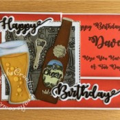 Double 'Z' fold Beer themed birthday card made with a variety of tools including; Apple Blossom Embossing folder free with issue 161 of Simply Cards & Papercraft, Bottle label stamp free with issue 166 of Simply cards & Papercraft, iCraft Happy Birthday and cheers sentiment dies, Apple Blossom Die Set Beer Bottle & Glass | Drink Trolley die set, Apple Blossom Die Set Soda Bottle & Cola Glass Drink Trolley and Crealies Nest-Lies XXL Die Set No 34 Double Stitch Squares dies - craftybabscreativecrafts.co.uk