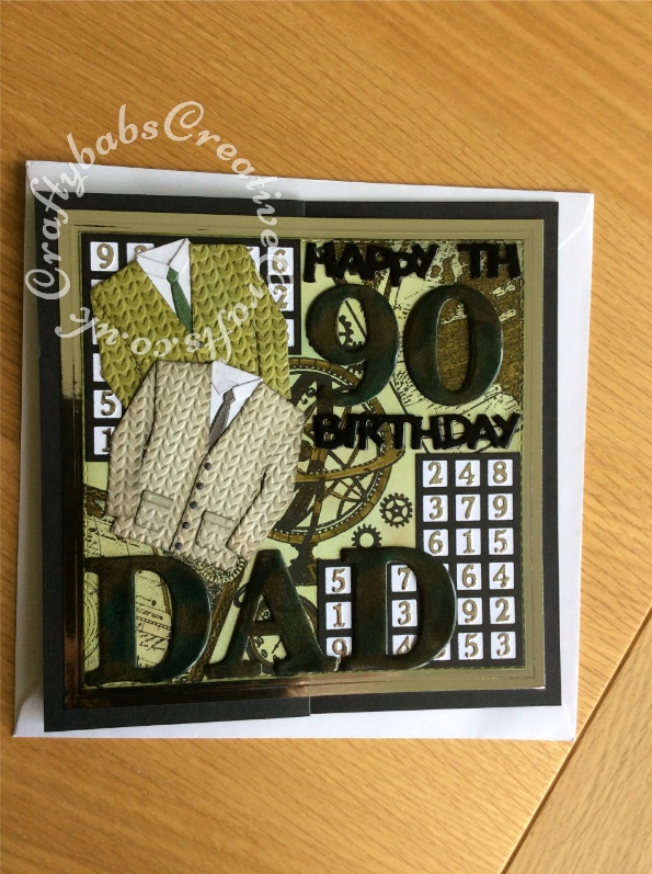 Large 8" x 8" 90th birthday card made for a Sudoku fan using a variety of dies including; Cheery Lynn Designs - Lattice 1 Die - FRM114 for Sudoku grid, Marianne Design Collectables Men's Wardrobe Die, Card Making Magic Die Sets Solid Alphabet and Numbers dies, Tattered Lace Happy Birthday (ETL128) die, and Tattered Lace Bunting 2018 (& Alphabet / Numbers) Craft Cutting Die Set 442670 for Sudoku numbers. Background stamped with various maps, cogs etc stamps and inked and coloured with distress inks. Large letters, numbers and sentiments triple embossed and mica powders added between layers. - craftybabscreativecrafts.co.uk