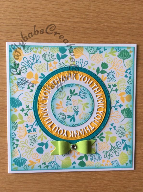 Thank You Card made using Concord & 9th Lovely Blossoms Turnabout stamp with distress oxide inks and a number of dies including; Crealies Nest-Lies Double Stitch Circles Nesting Die Set Crea-Nest-Lies XXL 33, Sue Wilson Perspectives Thank You Circle Die Set and an unbranded small bow making die set. - craftybabscreativecrafts.co.uk