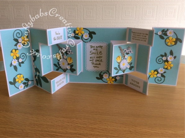 Double Shutter Thank You card made using various dies and stamps including; Tim Holtz - Wildflowers #1 661190, Cheery Lynn Designs Die - Build a Flower Embellishment #2, Altenew Layered Daffodil Die Collection free with issue 188 of Simply Cards& Papercraft, Spellbinders romantic vines dies, Tattered Lace Venetian floral dies, Memory Box tulip petals die, Sue Wilson Die Set - Exquisite Poppy for flower centres, Tonic Studios 786 Simplicity Punch, Classic Flower Head and various small daisy punches plus some unbranded nesting rectangles and heart dies. - craftybabscreativecrafts.co.uk