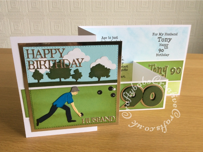 90th Birthday Bowling themed Double'Z' card made using various dies including Sizzix Originals Shadow Box Numbers dies, Tattered Lace sentiment dies from the Tattered Lace 3Diemensions Dies - Toolbox set, Joanna Sheen Signature Dies - Lawn Bowls - Male SD326, X Cut Build a Scene. 20 die ALL ABOARD Collection, X Cut A5 Die Set English Countryside Borders, Sizzix Girls Are Weird Alphabet Punctuation Number & Shadow Sizzlits and Crealies Nest-Lies XXL Die Set No 34 Double Stitch Squares. - craftybabscreativecrafts.co.uk