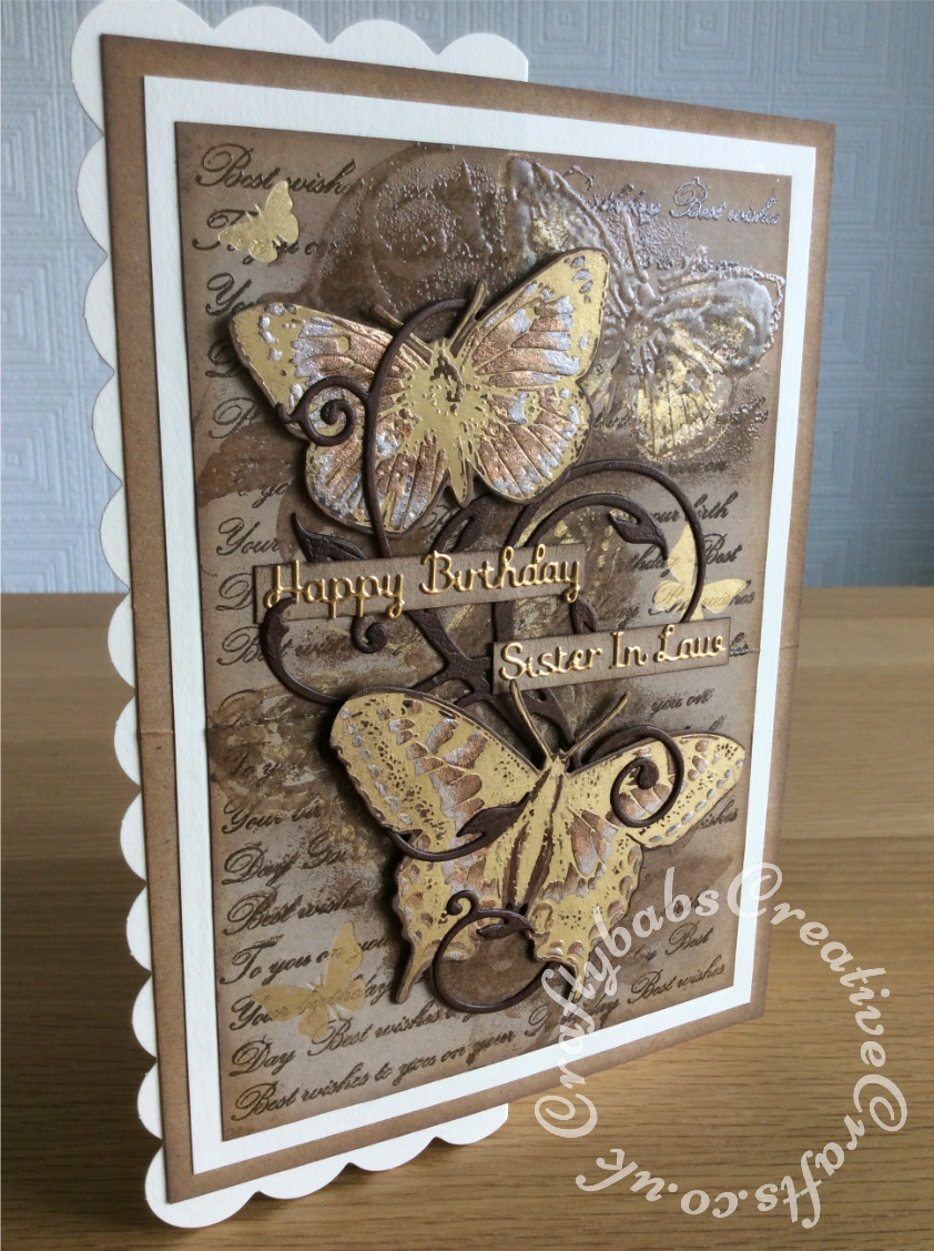 Hot Foiled and stamped Butterfly birthday card made using various dies including TODO Butterflies Trio Die Template, TODO Butterflies Letterpress and Hot Foil Press, Gemini Foil Stamp Die Set Elements Butterfly Dreams, Hot off the Press Viney Swirl Die, Hunkydory - Moonstone Relative Sentiments dies and Hunkydory Moonstone Dies - Simply Sentiments. - craftybabscreativecrafts.co.uk