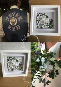 Father of the bride Customised Manchester City waistcoat. Badge purchased from ebay, lettering die cut from felt using Cardmaking Magic Die Solid Alphabet Die set then stitched onto shop bought waistcoat. Bridal Bouquet Wedding Keepsake Picture replicating the flowers included in the brides actual bouquet. Flowers created using various dies including Cheery Lynn Designs - Build A Flower #2 - Petals & Leaves, Cheery Lynn Designs Die Build a Flower Embellishment 2 set, Spellbinders Shapeabilities Foliage Die Set, Spellbinders Rose Creations die set, Spellbinders Die D-Lites - Create a Stargazer Lily, Pokey Stems Memory Box Die, Sue Wilson Dies - Finishing Touches - Spring Foliage, Fuzzy Lemon die balloon bunch, Quickutz/lifestyle Crafts Nesting Balloons Cookie Cutter Dies, Tattered Lace Essential Teardrops (ETL183), Altenew Garden Picks 3D Die Set and Spellbinders D-Lites Blooms Three Die. Lettering created using Gemini Die Set Expressions Uppercase Alphabet, Gemini Die Set Expressions Lowercase Alphabet and Gemini Expressions Metal Die - Numbers set - craftybabscreativecrafts.co.uk
