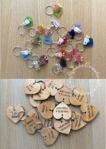 Wooden Heart tags and key rings purchased blank and then personalised with a pyrography tool then varnished. Hens for wine glass charms die cut from shrink plastic using the Sizzix Originals bird die, hearts cut with Sizzix originals heart die and coloured with pencil crayon before shrinking. - craftybabscreativecrafts.co.uk