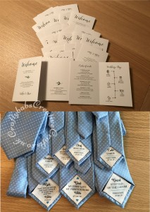 Wedding itinerary created in Word then printed onto linen card stock. Special men's tie messages printed onto T shirt transfer paper, ironed onto fabric patches then stitched inside ties. - craftybabscreativecrafts.co.uk
