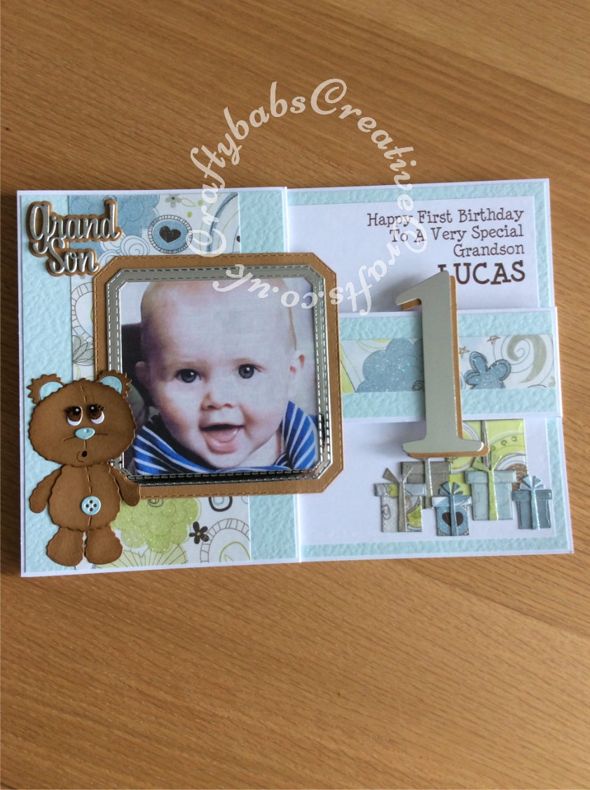 Large A4 Landscape Z fold 1st Birthday card made using Surpise Creation nested stitched Octagon square dies, Sizzix Bigz Sassy Serif Numbers dies, unbranded Bear with parcels die set, unbranded bear die and Paper Boutique Die Set Male Relations Sentiments. - craftybabscreativecrafts.co.uk
