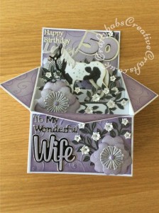 Large Pop up Box Horse themed 50th Birthay card made using various dies including; Quickutz Wildflower die set for large flowers with Cheery Lynn Designs - DIE - Build-a-Flower Embellishments # 3 die for flower stamens, Sue Wilson Finishing Touches Dies - Spring Foilage for branches and small flowers, Quickutz exclusive Remi the Horse revolution die for the horse and saddle, Sizzix Sizzlits Alphabet Script dies for name, Sizzix originals Shadow box numbers dies, Tattered Lace Sentiments 2014 (D211) dies and Paper Boutique Die Set Female Relations Sentiments. Sizzix Sizzlits, Dies Western Set 38-9847 for horse shoes and X cut A4 Embossing Folder. - craftybabscreativecrafts.co.uk