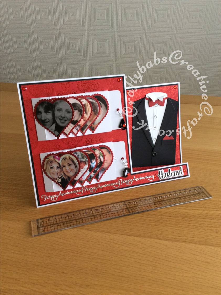 Large A4 Landscape Stepper double waterfall Ruby Wedding anniversary card made using Xcut A5 Suit Card Die Set, Sizzix Shadow box Number dies to cut shrink plastic pull charms on waterfall mechanism., Spellbinders nesting plain and scalloped hearts dies, Tattered Lace Sentiment Borders (ETL132) and Paper Boutique Male Relations Sentiments dies. - craftybabscreativecrafts.co.uk